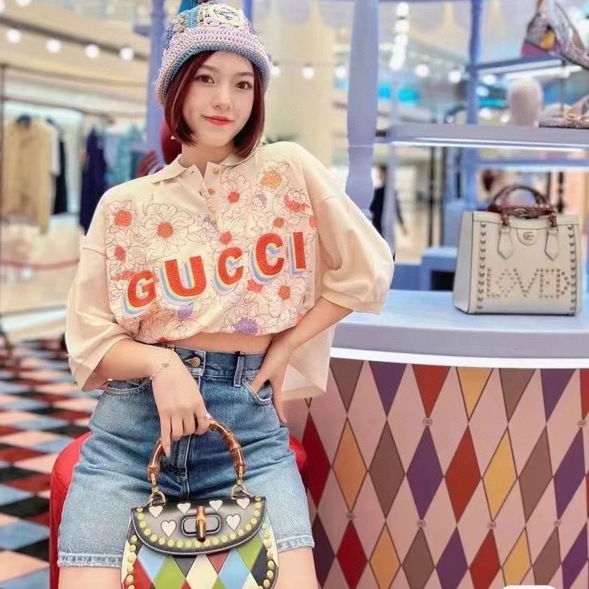 Gucci 2022 Women's Floral Print Polo Shirt Lapel T-Shirt Top #1