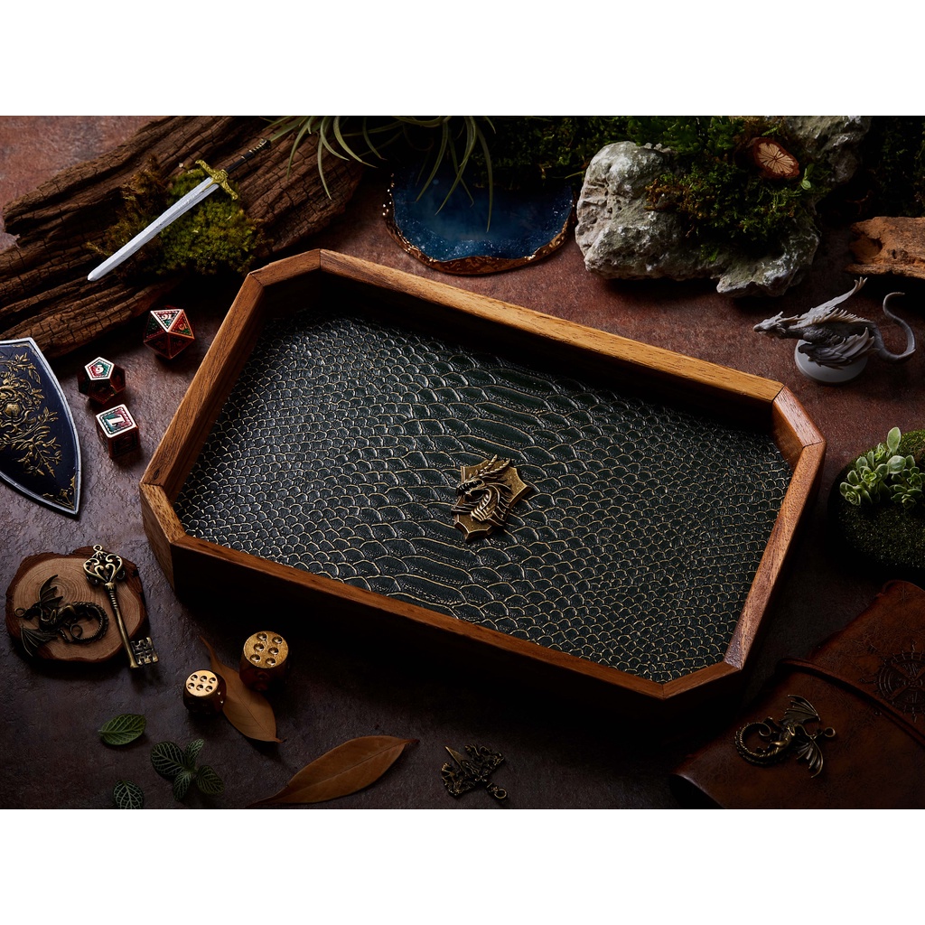Dragon Shield Dice Tray | Dark Green Gold Leather & Metal Shield yellow balck | Octagon Dice Tray | 