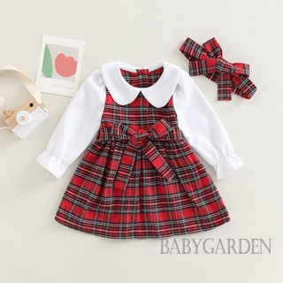 Babygarden- ชุดเดรสแขนยาว คอตุ๊กตา ลายสก๊อต พร้อมที่คาดผม สําหรับเด็กผู้หญิง อายุ 6 เดือน - 5 ปี