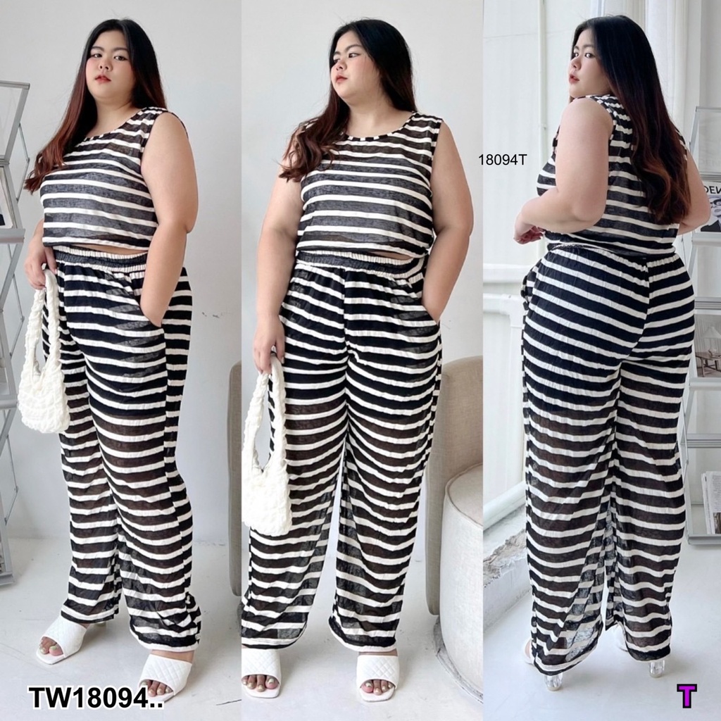 PP18094 Set #Bigsize เสื้อแขนกุดลายทาง + กางเกงขายาวลายทาง ..