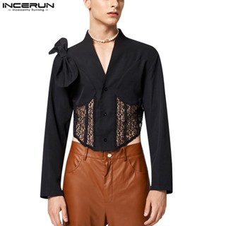 INCERUN Mens Butterfly Party V-Neck Lace Long Sleeve Button Up Casual Blazer