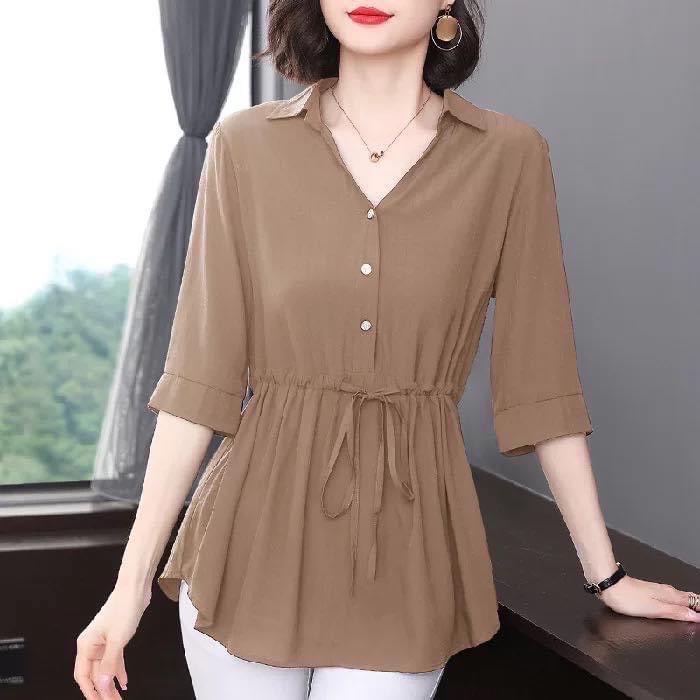 รุ่น-337เสื้อเชิ้ตคอปกกระดุมสามเม็ดแขนสามส่วนมาใหม่ มีเชือกผูกช่วงเอว ปลายเสื้อทรงว้าว ผ้านุ่มสวมใส่สบายสไตล์เกาหลี