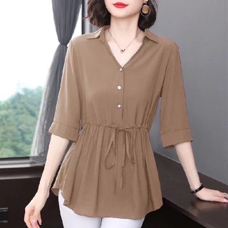 รุ่น-337เสื้อเชิ้ตคอปกกระดุมสามเม็ดแขนสามส่วนมาใหม่ มีเชือกผูกช่วงเอว ปลายเสื้อทรงว้าว ผ้านุ่มสวมใส่สบายสไตล์เกาหลี