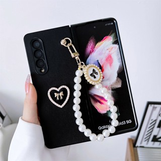 เคสโทรศัพท์มือถือ หนัง Pu กันกระแทก พร้อมสายคล้องมือ ประดับไข่มุก สไตล์เกาหลี สําหรับ Samsung Galaxy Z Flod 5 3 4 2 5G Z Flod5 Flod4