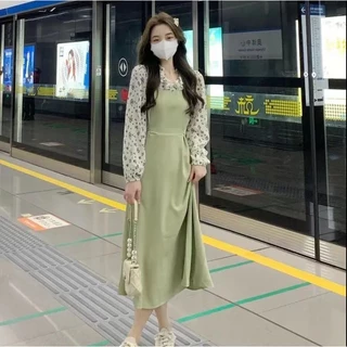 เดรสยาว แขนยาว ลายดอกไม้ สไตล์เกาหลี น่ารักมาก สําหรับผู้หญิง