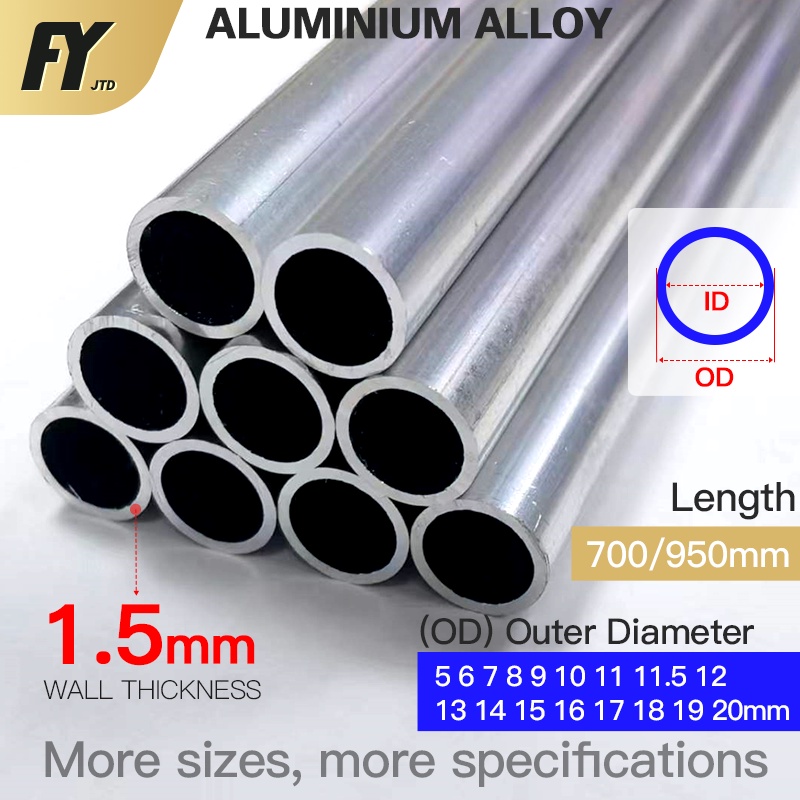 Fuyi ท่ออลูมิเนียม หนา 1.5 มม. OD 5-20 มม. ยาว 700 มม./950 มม. ตรง 5 6 7 8 9 10 11 11.5 12 13 14 15 16 17 18 19 20 มม.