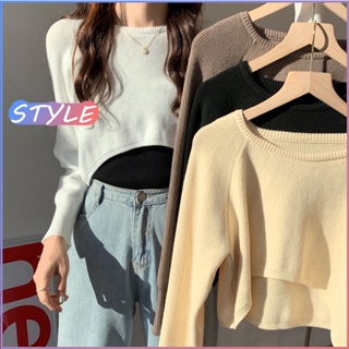 STYLE🔥พร้อมส่ง🔥9572* เสื้อกันหนาว เสื้อไหมพรม แขนยาว คอกลม ตัวสั่น โชว์เอว ผ้าไหมพรมชักร่องแต่งลายในตัว