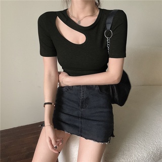 【WJZ】เสื้อยืดแขนสั้นคอ U สีทึบแฟชั่นเซ็กซี่ของผู้หญิง【T52】