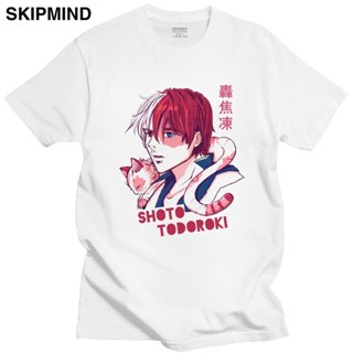 เสื้อยืดไม่ต้องรีด ฮีโร่ของฉัน Academia ผู้ชายเสื้อยืดผ้าฝ้าย 100% Shoto Todoroki กับลูกแมว Tees แขนสั้น Urban มังงะอะนิ