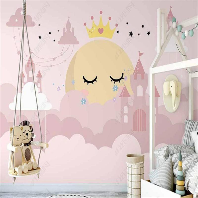 Custom Nordic สีชมพูปราสาทวอลล์เปเปอร์สําหรับเด็ก & 39; S Room Starry Sky Clouds เด็ก & 39; S Room S