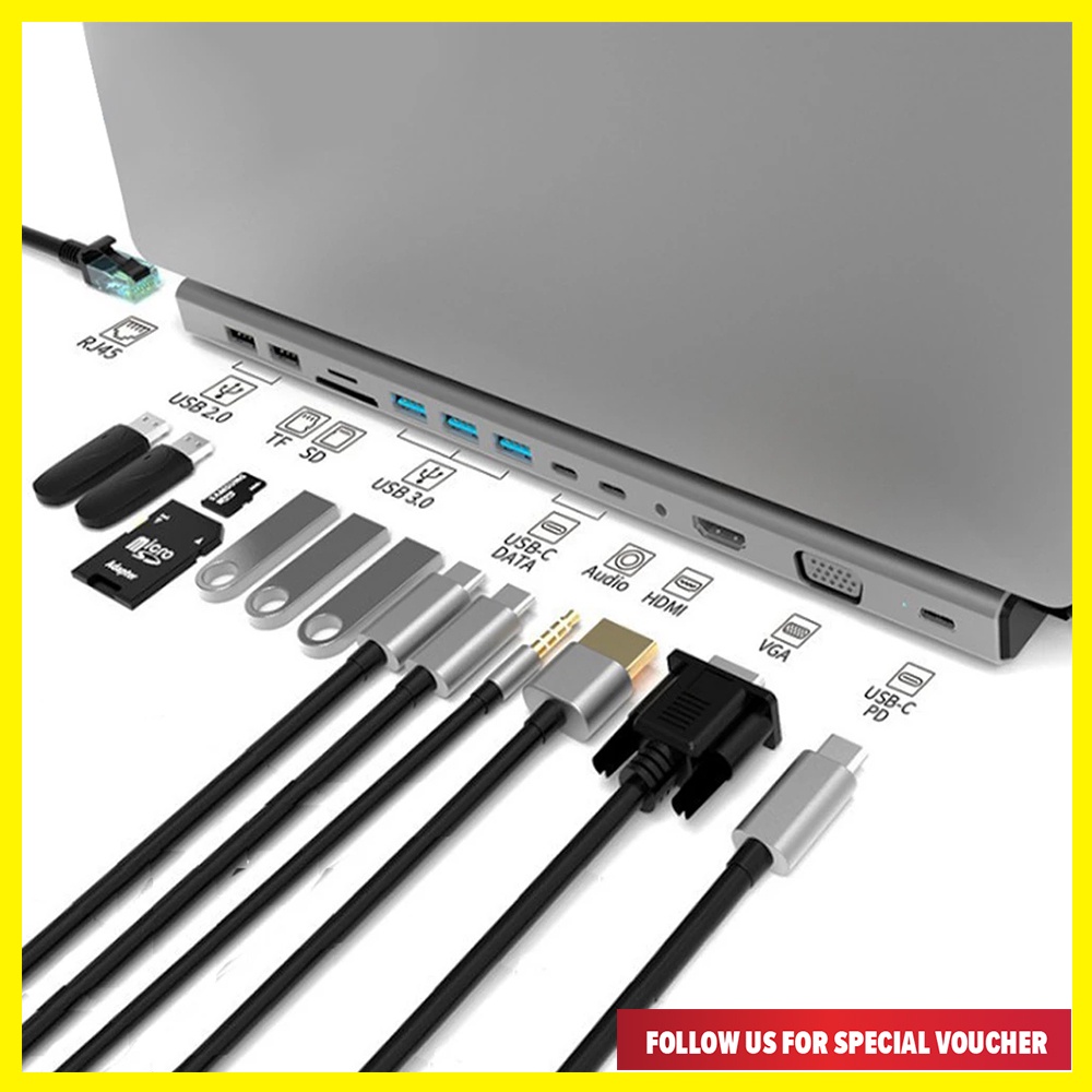 14 in 1 Type-C HUB Dock Station USB -C ถึง 1080P HDMI VGA 87W PD 2 USB-C RJ45 3 USB 3.0 2 USB 2.0 Au