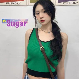 Sugar🌈พร้อมส่ง🌈เสื้อกล้ามไหมพรม ผ้าร่อง คอกลม แต่งขอบสี สุดน่ารัก (88099)