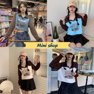 Mini shop🌸พร้อมส่ง🌸(45636) เสื้อแขนยาวไหมพรม คอปก ดีเทลลายตัวอักษรเก๋มาก