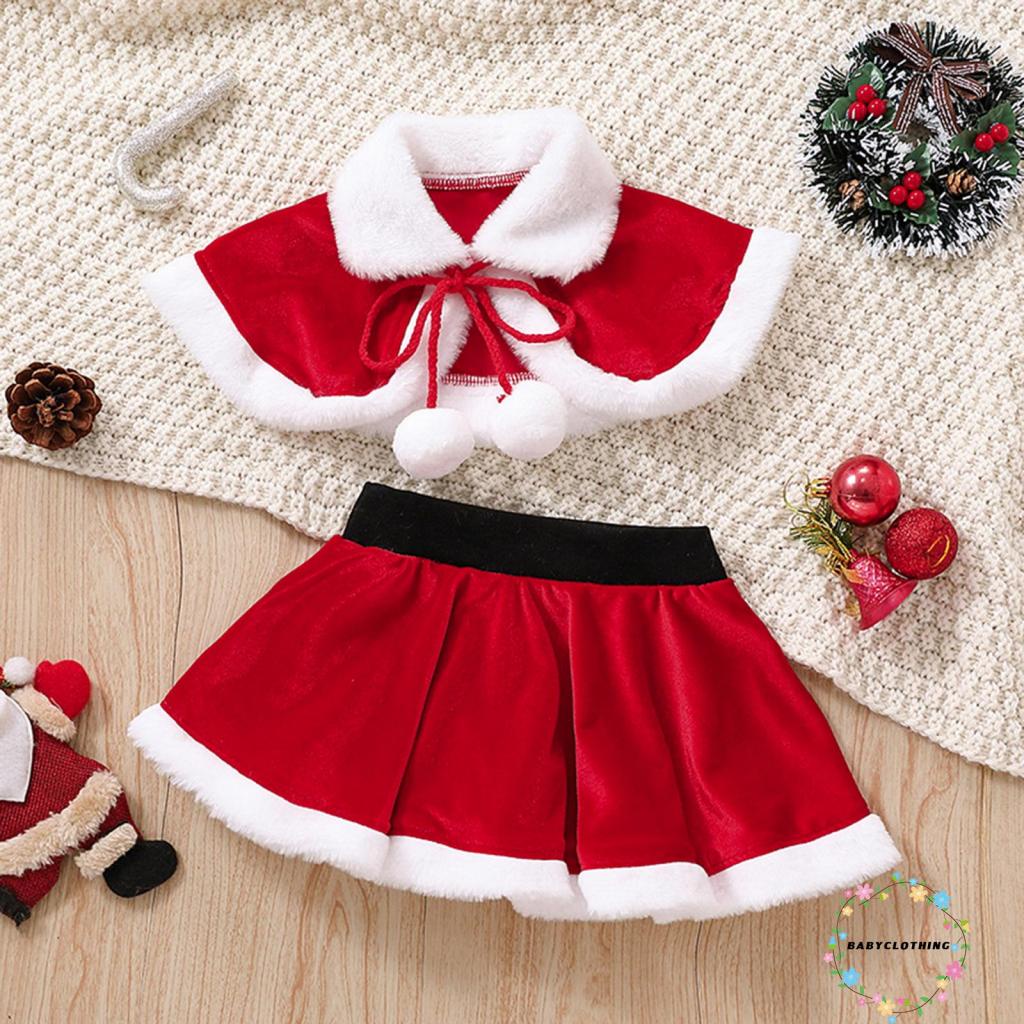 เสื้อผ้าเด็ก-เด็กผู้หญิง 2 ชิ้นชุดคริสต์มาส, Contrast Color Splicing Lapel Plush Ball Tie-Up ผ้าคลุมไหล่ + กระโปรงเอวยางยืดชุด