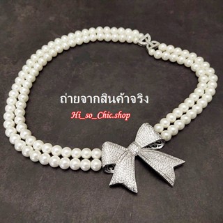 HisoChic สร้อยคอ สร้อยคอมุก จี้เพชรCZ รูปโบว์ แนวคลาสสิค วินเทจ ใส่ออกงาน (ราคาต่อเส้น)