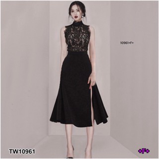 👗Pfashion [ส่งไว!!🚛] P10961 Set 2 ชิ้น เสื้อลูกไม้แขนกุด + กระโปรงผ่าชาย Set of 2 pieces, sleeveless lace shir