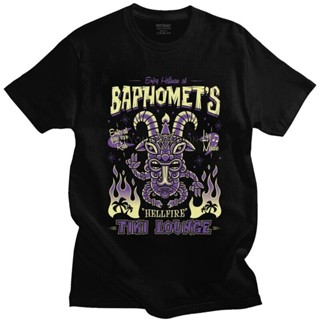 เสื้อเชิ้ตชาย คลาสสิกเสื้อยืด Baphomet ผู้ชายแขนสั้น 100% ผ้าฝ้ายเสื้อยืดฤดูร้อน Hellfire Tiki เลานจ์ลึกลับท่อง Tee ท็อป