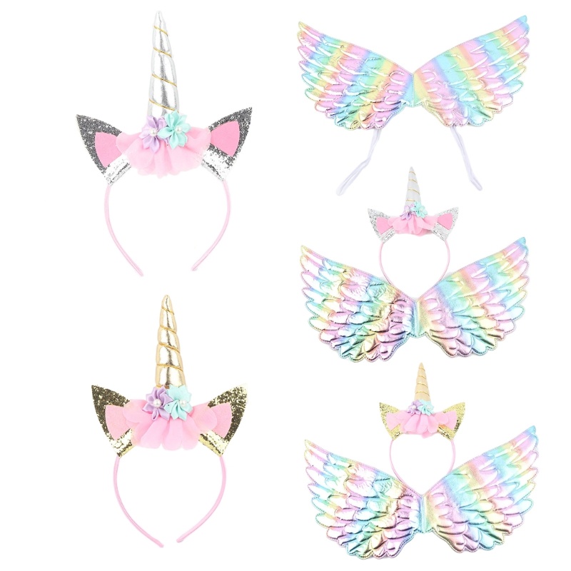 Noe Unicorn Fairy Wing Dress Up Girls with Glitters Birthday Party คอสเพลย์ Hairband