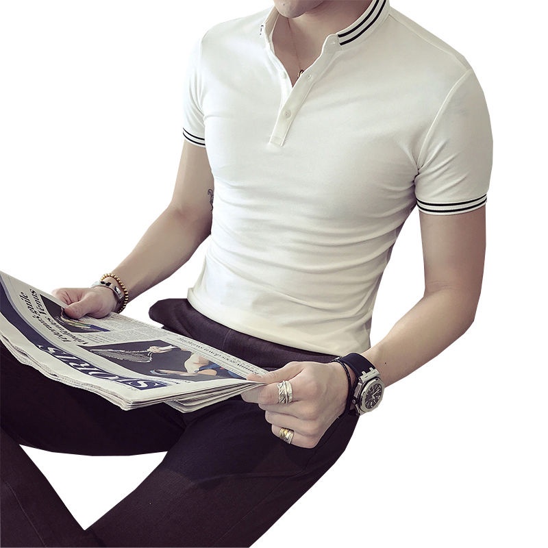 Pearl Cotton Striped Short-Sleeved T-Shirt Men S Polo Shirt Summer White High-End Fashion Brand Half-Sleeve Lapel Ice #4