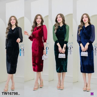 TT16798 เดรสกำมะหยี่ แขนยาวแต่งแขนชีฟอง คอถ่วง..Velvet dress, long sleeves, decorated with chiffon sleeves, neckline..