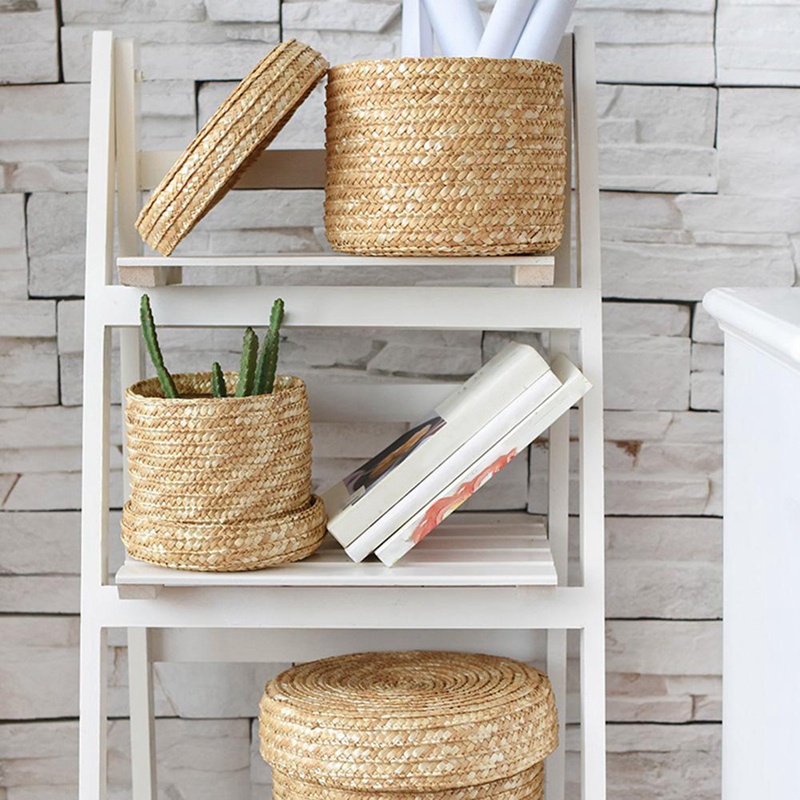 3 Pcs/Set Handmade Straw Woven Storage Basket With Lid Snack Organizer Storage Box Laundry Baskets R