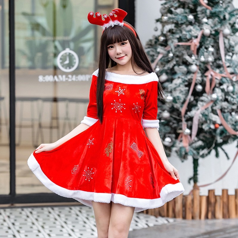 พร้อมส่ง ชุดแซนตี้ ผู้ใหญ่ เดรสปาดไหล่ ลายเกร็ดหิมะ ชุดคริสต์มาส แฟนซี X-mas/T Store