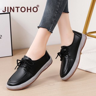 【JINTOHO】รองเท้าโลฟเฟอร์ หนังวัวแท้ แบบผูกเชือก กันลื่น สีดํา เหมาะกับใส่ทํางานกลางแจ้ง ไซซ์ 35-41