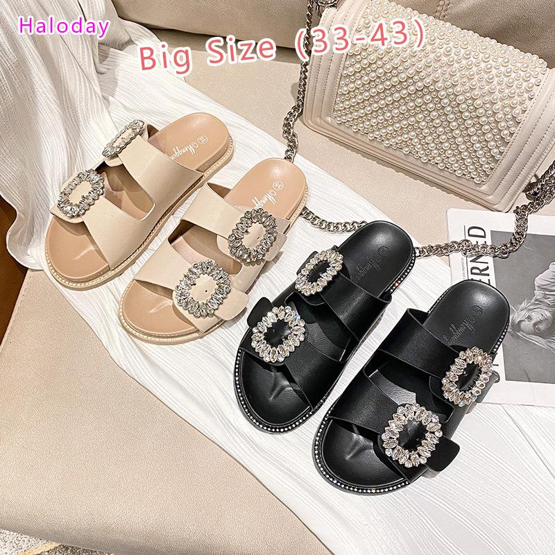 ขนาดใหญ่ขนาดรองเท้าผู้หญิง (34-43) รถบ้าน รองเท้าแตะสวมใส่ด้านนอกผู้หญิงหนา พื้นรองเท้า พลอยเทียม สแควร์หัวเข็มขัดเปิดนิ้วเท้าคู่-แหวนสายรองเท้าแตะแบนหนังนุ่มขนาดใหญ่ขนาดเล็กรองเท้าผ 43