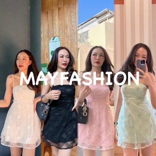 MAYFASHION เดรสสั้นผ้ามุ้งแต่งลายดอกไม้สายเดี่ยว สมอคหลัง