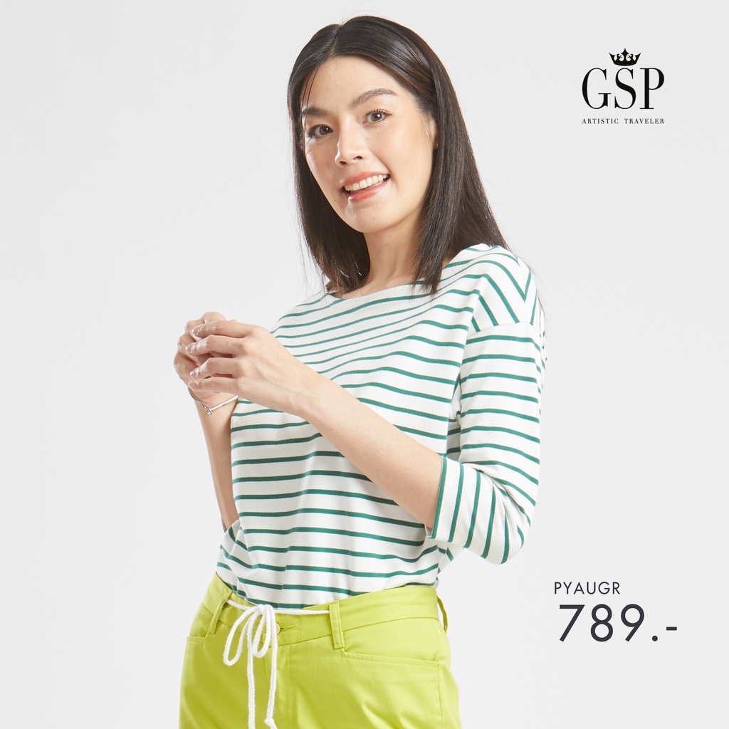 Gsp เสื้อยืด เสื้อยืดผู้หญิง Lucky Stripe Shirt (Long) เสื้อ Lucky Stripe แขนยาวสีเขียวขาว (P9XAGR)