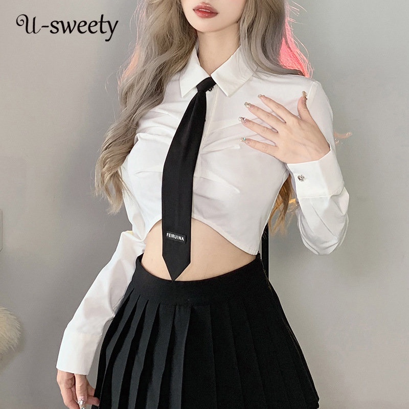 U-sweety ผู้หญิง แฟชั่นใหม่ สีพื้น เซ็กซี่ คอโปโล แขนยาว ครอป สะดือ สลิมฟิต เข้ากับทุกการแต่งกาย เสื้อเชิ้ต