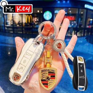 【Mr.Key】เคสกุญแจรถยนต์ Tpu หนัง สีขาว พร้อมพวงกุญแจ สําหรับ Porsche Macann Bobster Panamera Carman Cayenne 718 971 911 9YA 970 981 996 92A 2017