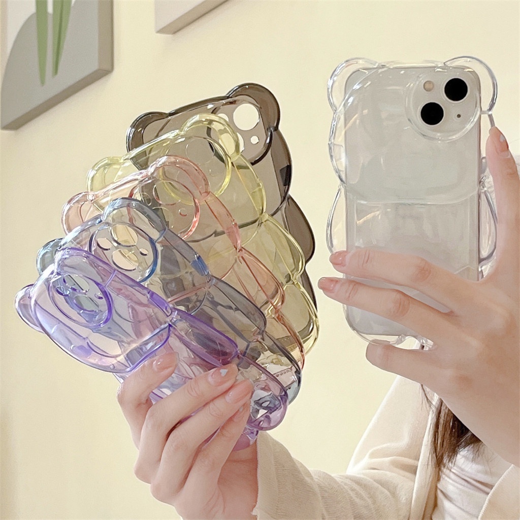 สําหรับiphone Case 16 Pro Max 15 Pro Max 14 Pro Max 13 Pro Max 12 Pro Maxสีทึบโปร่งใสสเตอริโอหมีTPU Soft Case