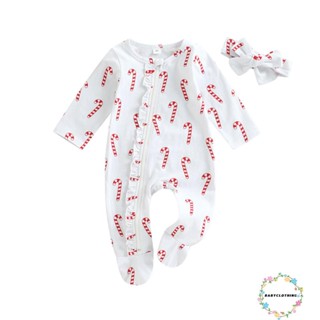 Babyclothes- ชุดจั๊มสูทรอมเปอร์ แขนยาว พิมพ์ลายต้นคริสต์มาส แต่งซิป และที่คาดผม สําหรับเด็กทารก