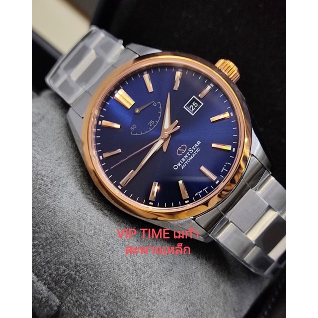 นาฬิกา Orient Star Automatic หน้าปัดน้ำเงินขอบพิงค์โกลด์ รุ่น RE-AU0406L