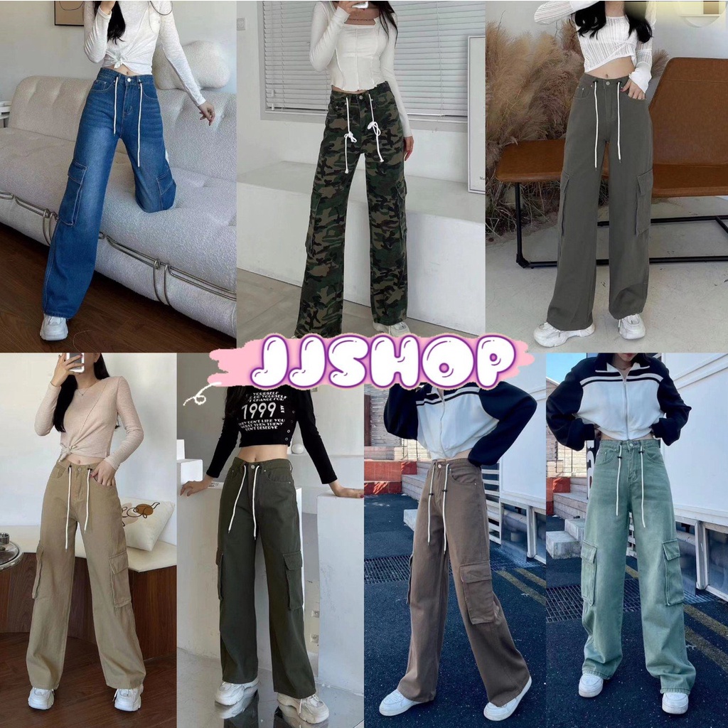 JJ shop พร้อมส่ง กางเกงยีนส์ขายาวสีพื้น ทรงกระบอกกระเป๋า2ข้าง เชือกรูดได้จริง"8181"-NZ