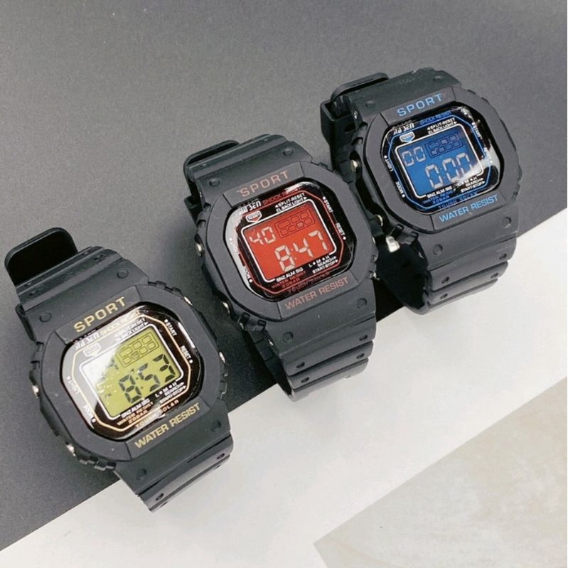 นาฬิกาสปอร์ตผู้ชายผู้หญิง สายยางสีดำ ระบบดิจิตอล มีวัน วันที่