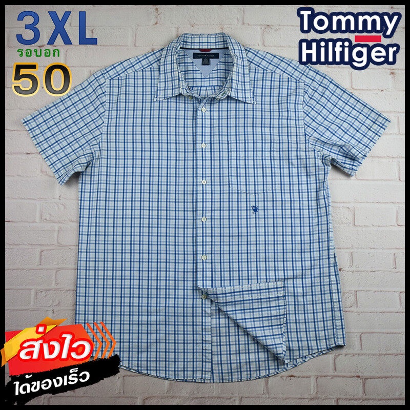 Tommy Hilfiger®แท้ อก 50 ไซส์ 3XL เสื้อเชิ้ตผู้ชาย ทอมมี่ ฮิลฟิกเกอร์ สีน้ำเงิน แขนสั้น เสื้อใส่เที่ยวใส่ทำงาน