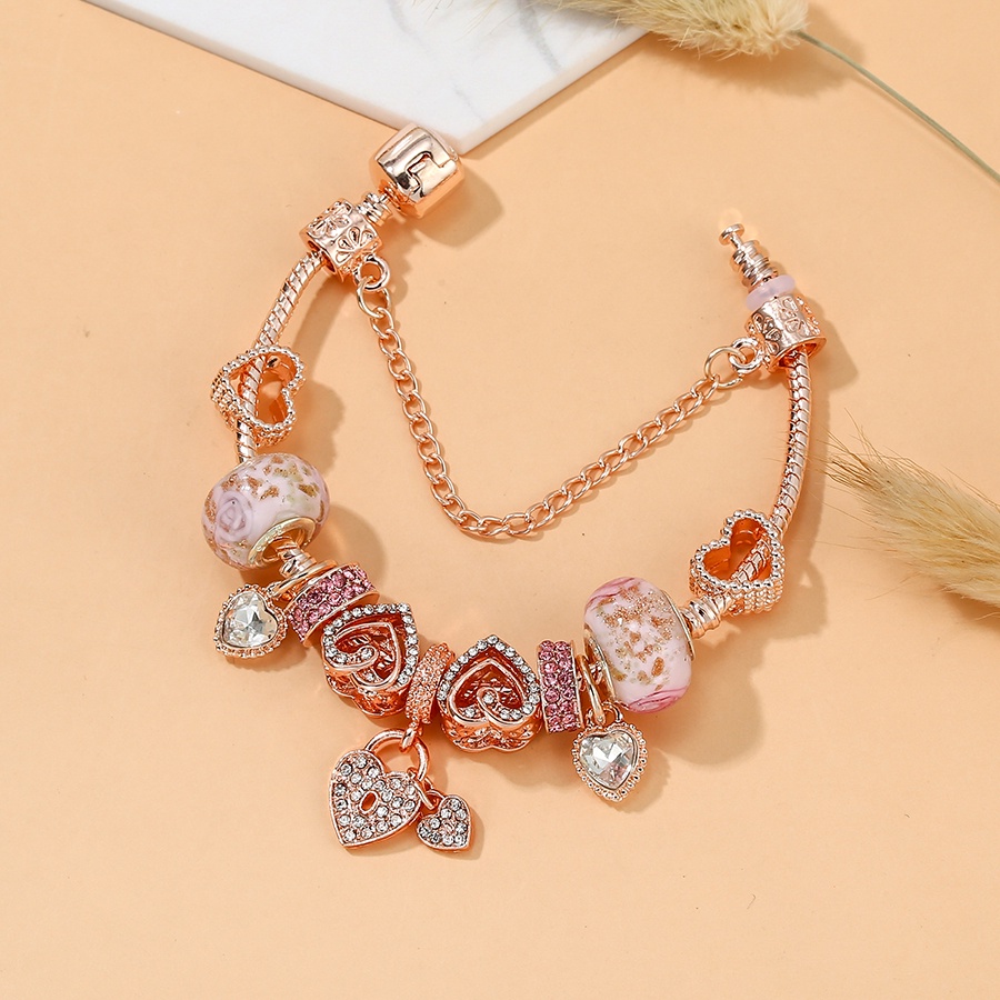 Dinglly โรสโกลด์ พลอยเทียม หัวใจ จี้ดอกไม้ ลูกปัด หัวใจ สร้อยข้อมือ เสน่ห์ สําหรับผู้หญิง ของแท้ คริสตัล กําไลข้อมือ เครื่องประดับ ของขวัญ