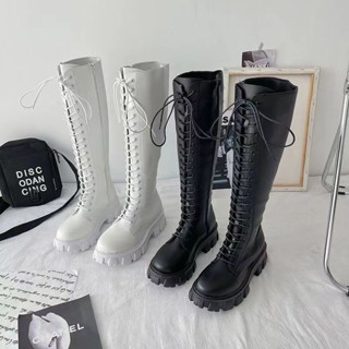 รองเท้าอัศวินผู้หญิง🏄‍♀️ขนาด 35-43🏄‍♀️ใหม่ผู้หญิงสีดำ Biker Boots Plus ส้นสูงลูกไม้ขึ้น Martin Boots รองเท้าบูทส้นหนา