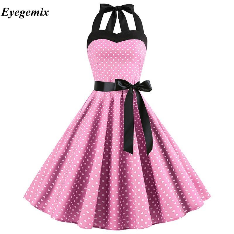 เซ็กซี่ Retro สีขาว Polka Dot Dress 2022 Audrey Hepburn Vintage Halter Dress 50s 60s Gothic Pin Up R