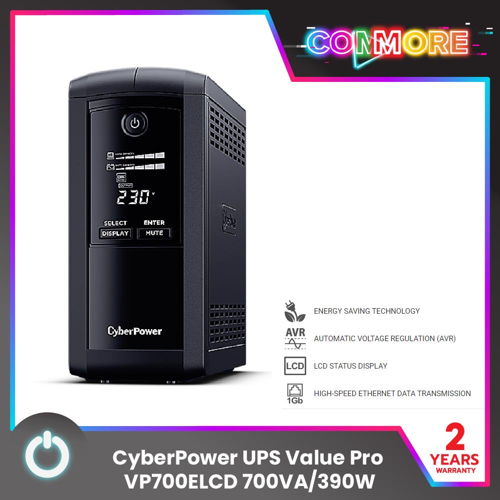 CyberPower UPS Value Pro VP700ELCD (เครื่องสำรองไฟฟ้า) 700VA/390W เหมาะสำหรับคอมพิวเตอร์สำนักงาน/ เก