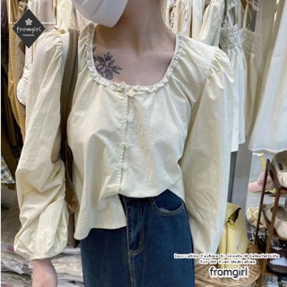 เสื้อเชิ้ตแขนยาว คอยู แต่งลูกไม้ แฟชั่นทันสมัย สไตล์ฝรั่งเศส สําหรับผู้หญิง
