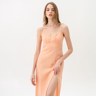 SUUBE Candy dress-Coral เดรสยาวสายเดี่ยวผูกหลัง ปรับสายได้ จับจีบที่หน้าอก ผ้าลินินแท้100% มีซับใน