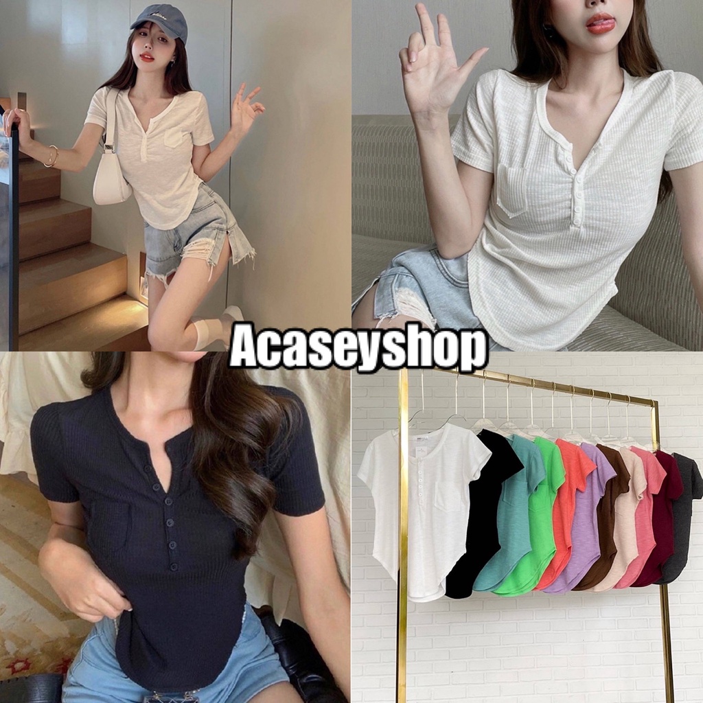 Acasey เสื้อครอป เสือยืดคอกลมแขนสั้น กระดุมหน้า ชายโค้ง AngelStyle