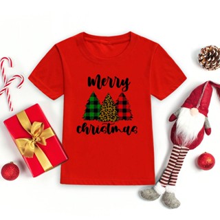 Children Merry Christmas Tree Print Shirts Boys Girls Red Green Holidays Tee Shirt Tops Xmas Gift