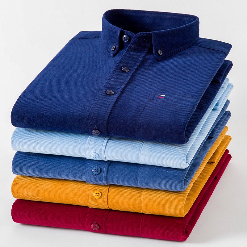 ลําลองผ้าฝ้าย 100% แขนยาว Corduroy Man เสื้อไม่มีริ้วรอย Plus ขนาดผู้ชายเสื้อ 7xl