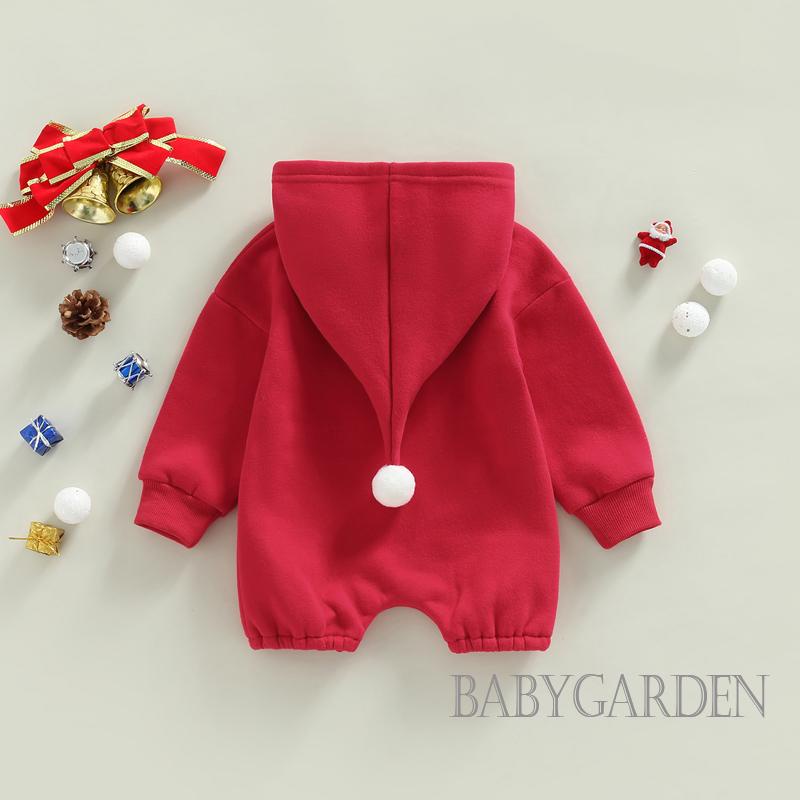 Babygarden-0-24months ชุดจั๊มสูทรอมเปอร์ แขนยาว มีฮู้ด พิมพ์ลายตัวอักษร คริสต์มาส สําหรับเด็กผู้ชาย และเด็กผู้หญิง