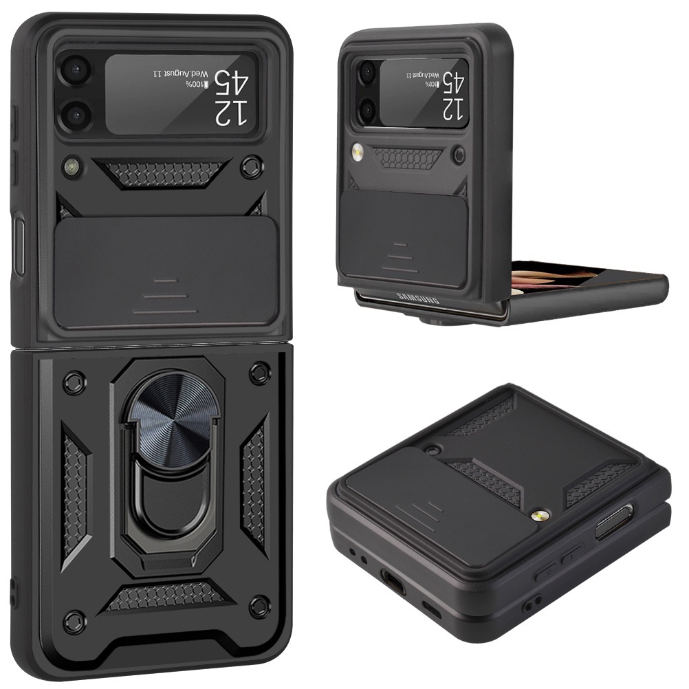 สําหรับ Samsung Galaxy Z Flip 7 6 5 4 Galaxy Z Flip 3 กรณีฝาครอบกล้องในตัว 360°หมุนแหวนยืนแม่เหล็กป้องกันกันกระแทกกรณี