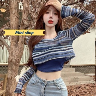 Mini shop🌸พร้อมส่ง🌸 (J256) เสื้อคล้องคอ+เสื้อครอปสั้น ดีเทลลายทางดีน้ำเงินน่ารัก